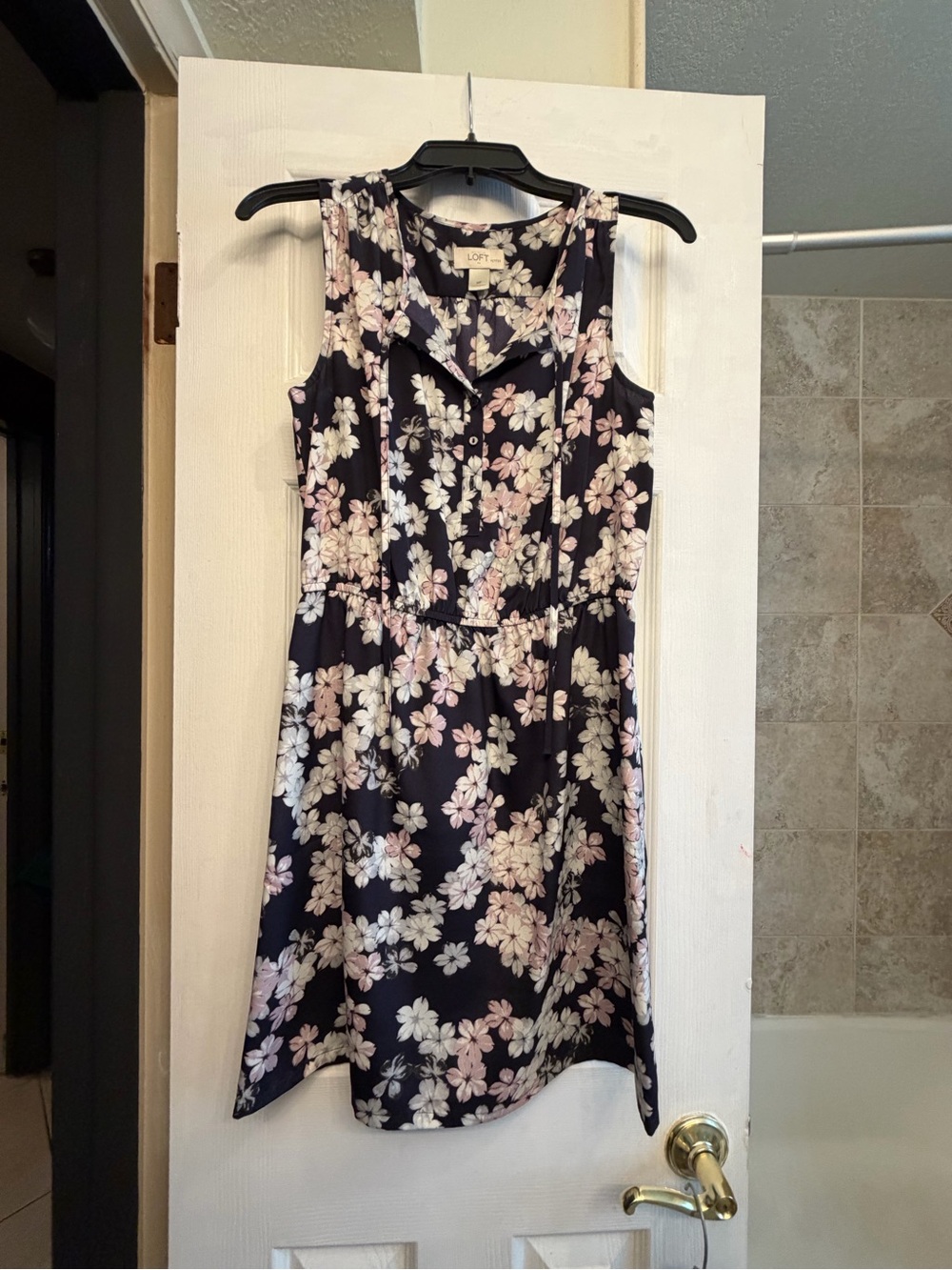 LOFT Navy Floral Collared Sleeveless Dress